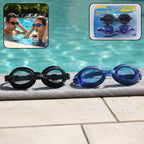 Two swimming goggles in blue and black, suitable for adults and kids