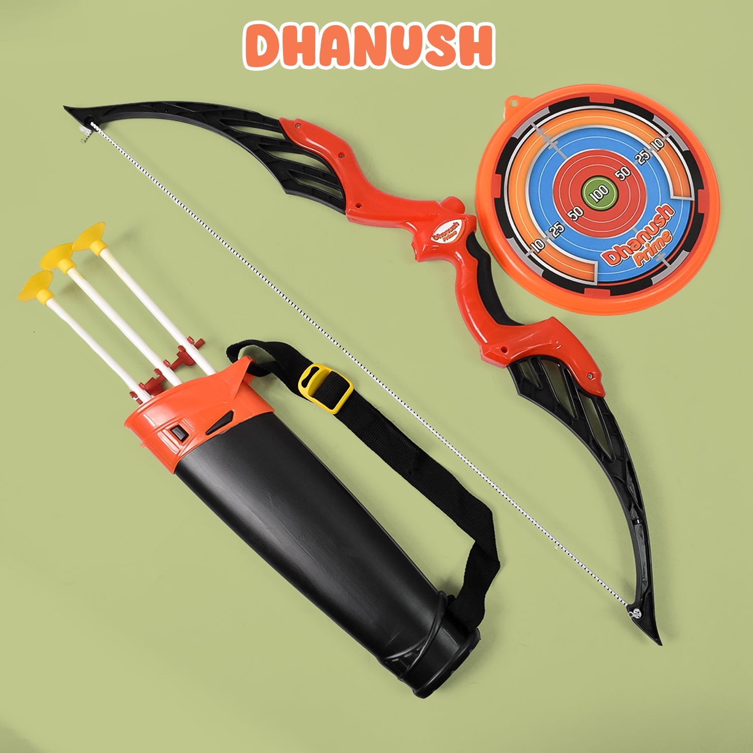 Complete Kids Archery Set featuring a vibrant dhanush, three suction-cup arrows, a target, and an arrow holder, perfect for young archers.