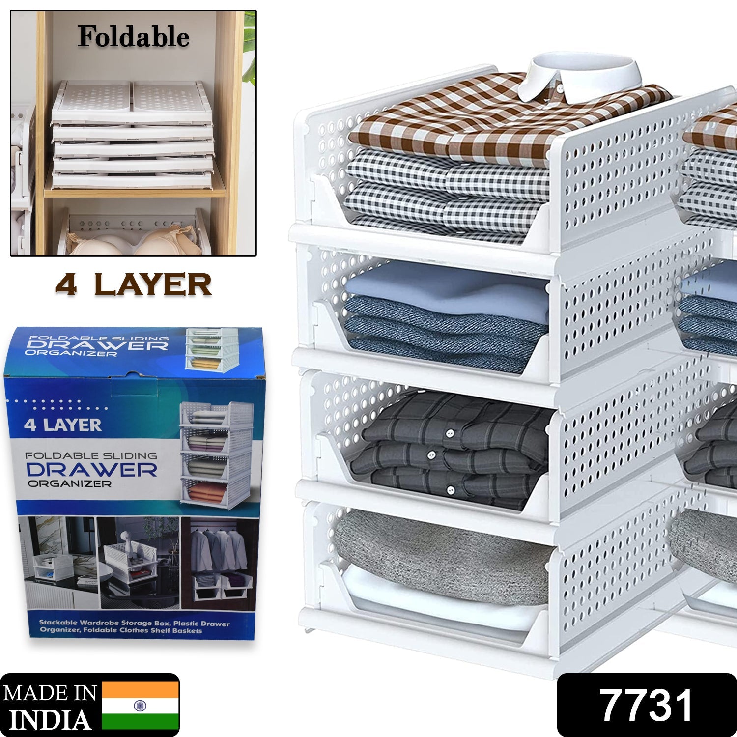 Close-up of the foldable plastic wardrobe drawer organizer, showcasing its stackable design.