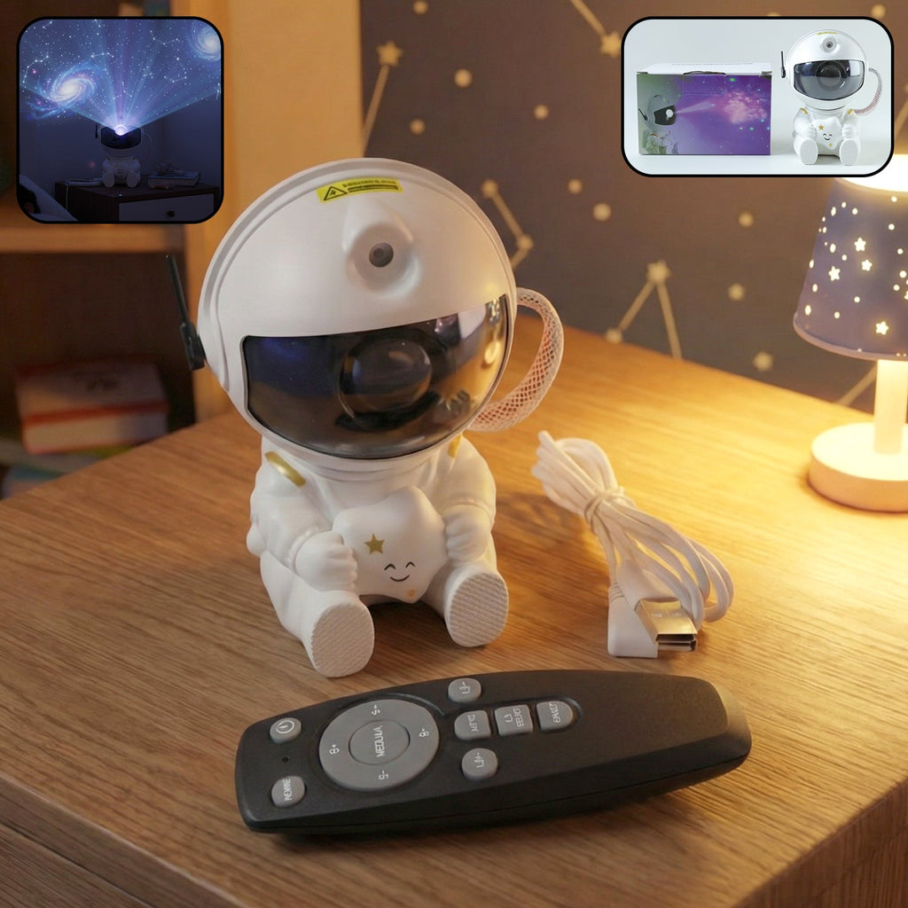 Side angled view of astronaut galaxy star projector night light lamp