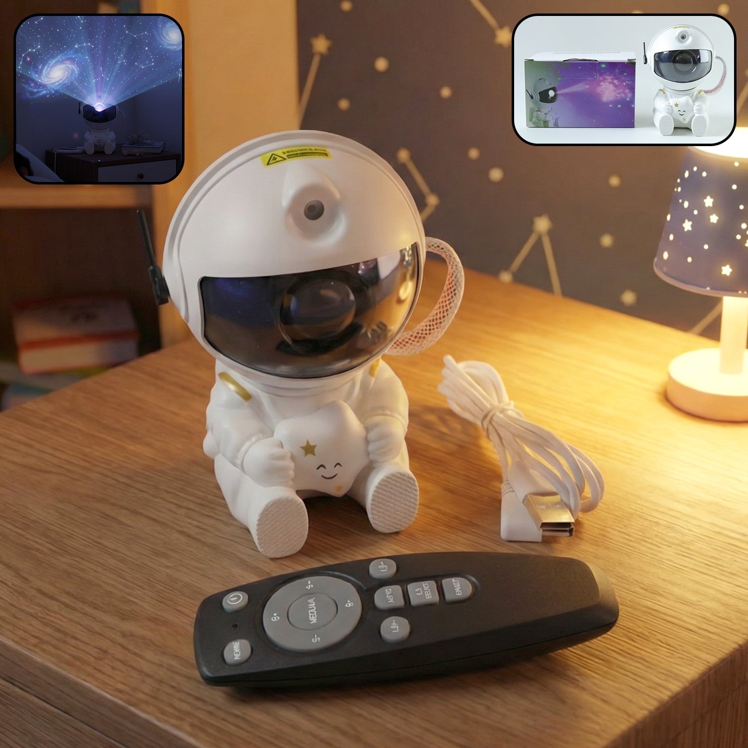Side angled view of astronaut galaxy star projector night light lamp