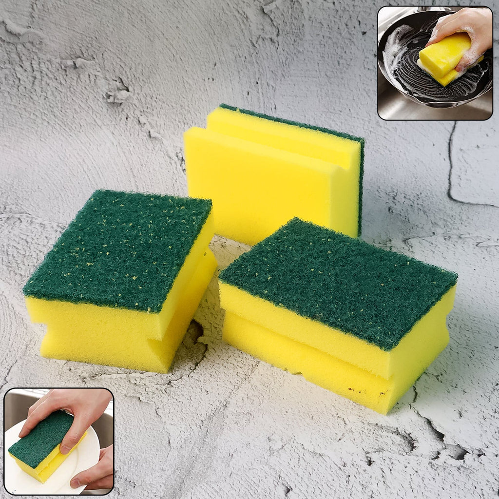 A Bathora 2-in-1 scrub sponge with a green scrubbing surface and a yellow sponge side.