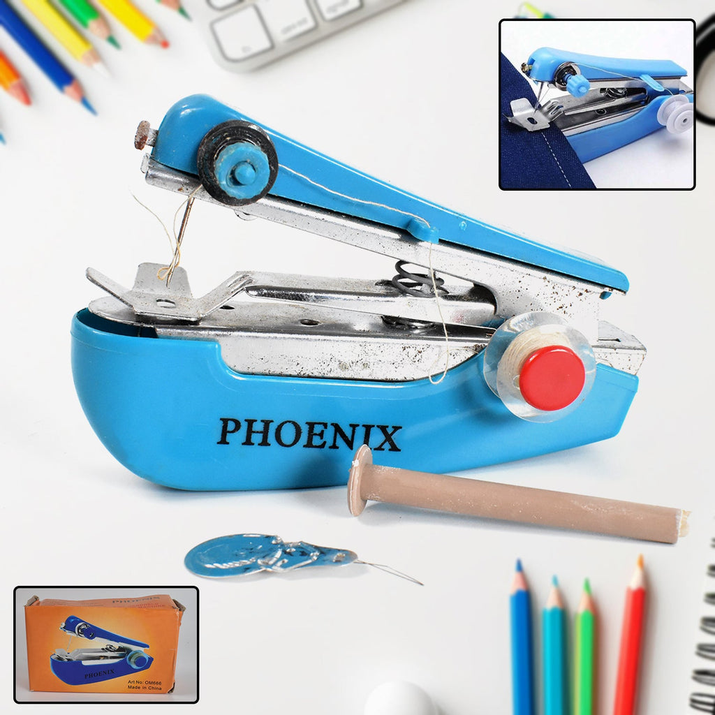 Compact mini sewing machine with a starter kit, ready for use.