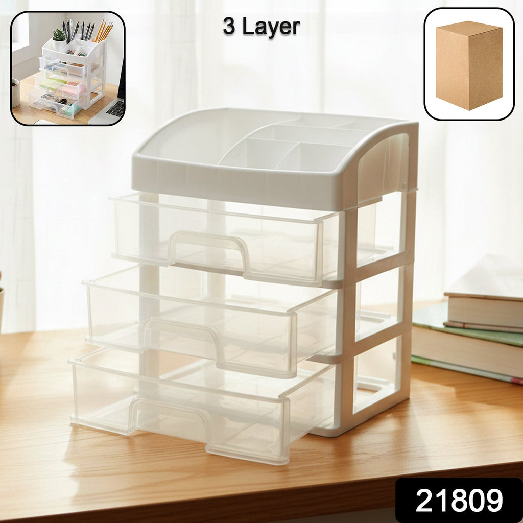 Desk drawer organizer showing multiple transparent sliding drawers