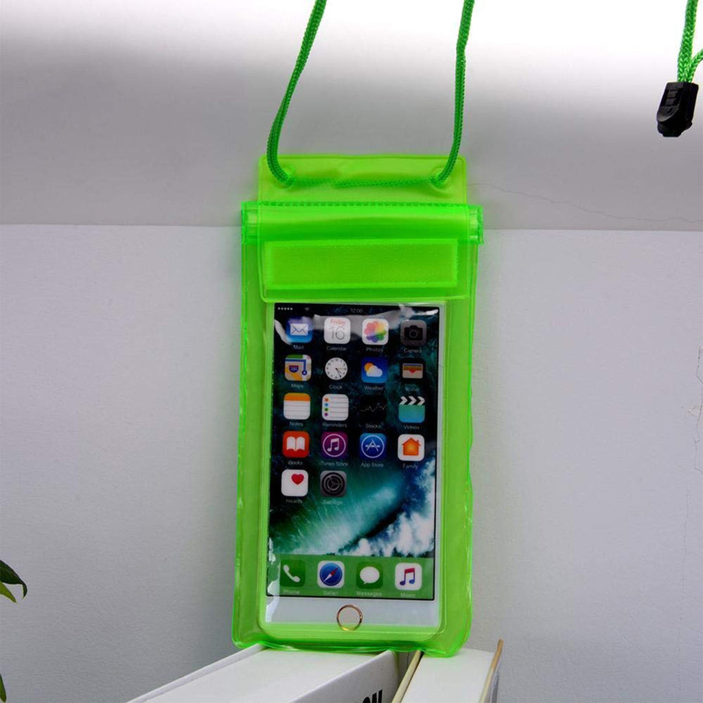 Hand holding a waterproof mobile pouch submerged in water, showing phone visibility.