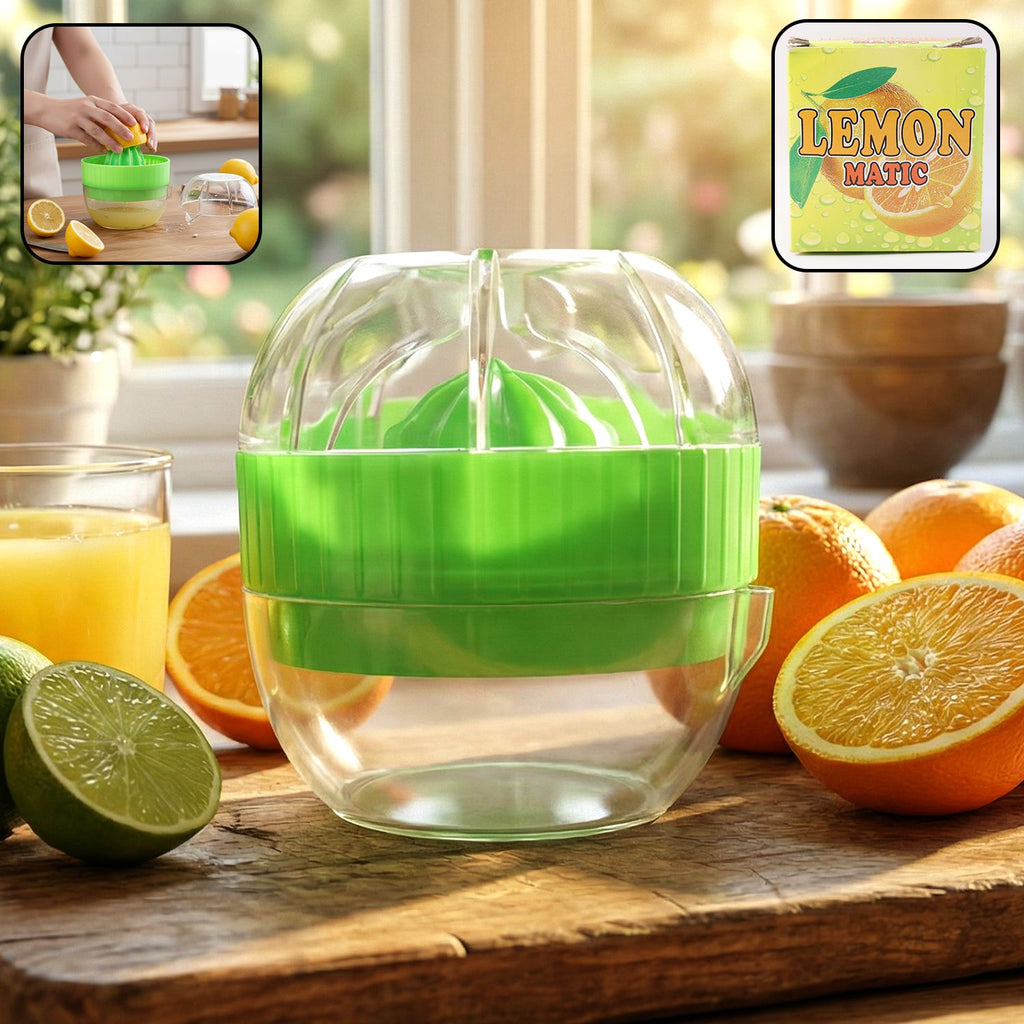 Manual citrus juicer with splash cover squeezing lemon juice efficiently