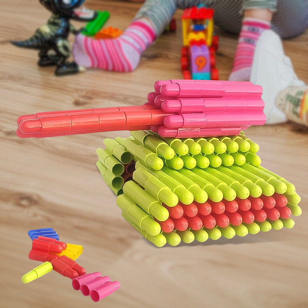 A pyramid and other shapes constructed using the 88-piece Bullet Blocks set.