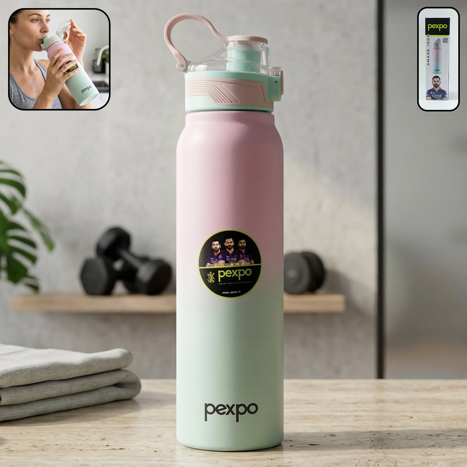 Front view of Pexpo Amaze insulated stainless steel water bottle with sleek design