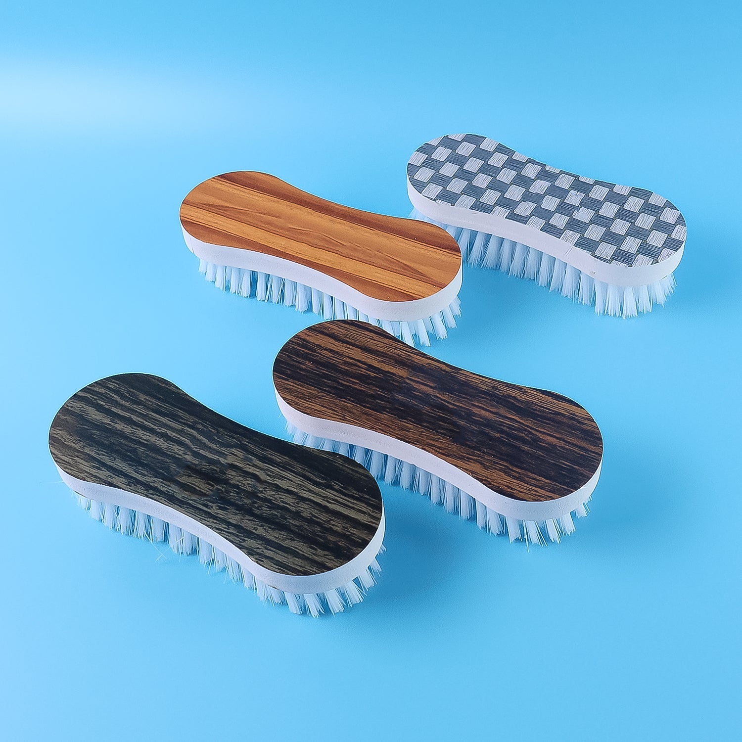 Ergonomic cloth washing brush set with printed tops for efficient laundry cleaning