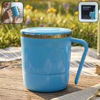Front view of a vibrant orange 350ml insulated coffee mug with its leakproof lid.