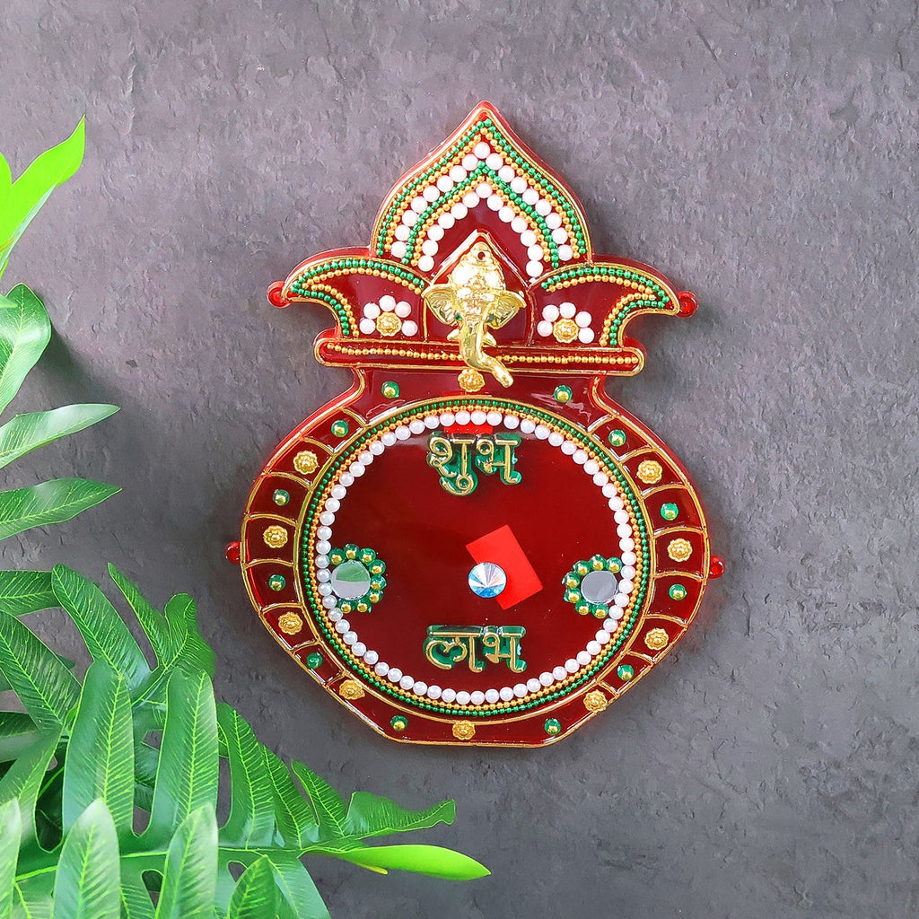 Decorative Kalash wall hanging with Shubh Labh inscriptions and bead embellishments
