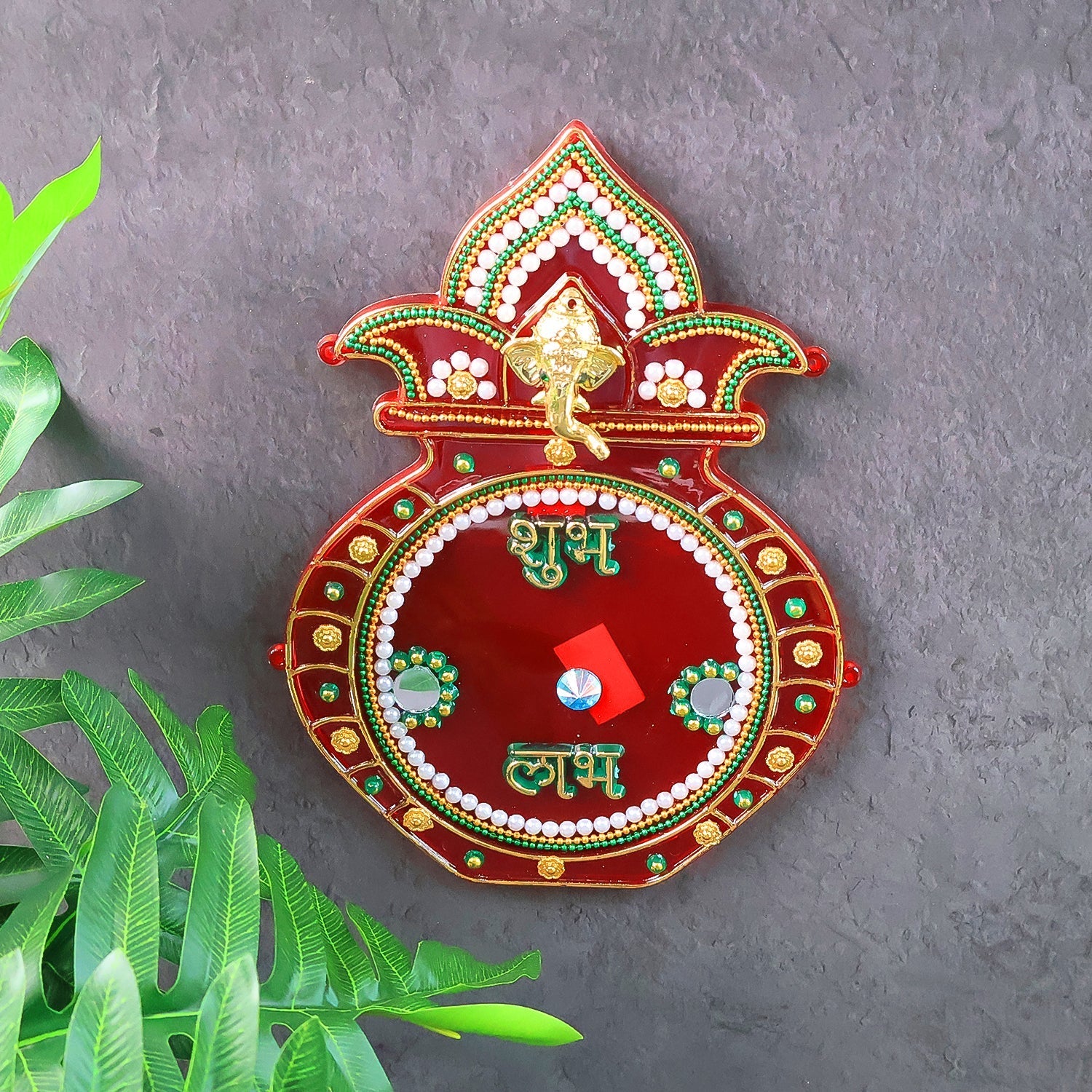Decorative Kalash wall hanging with Shubh Labh inscriptions and bead embellishments