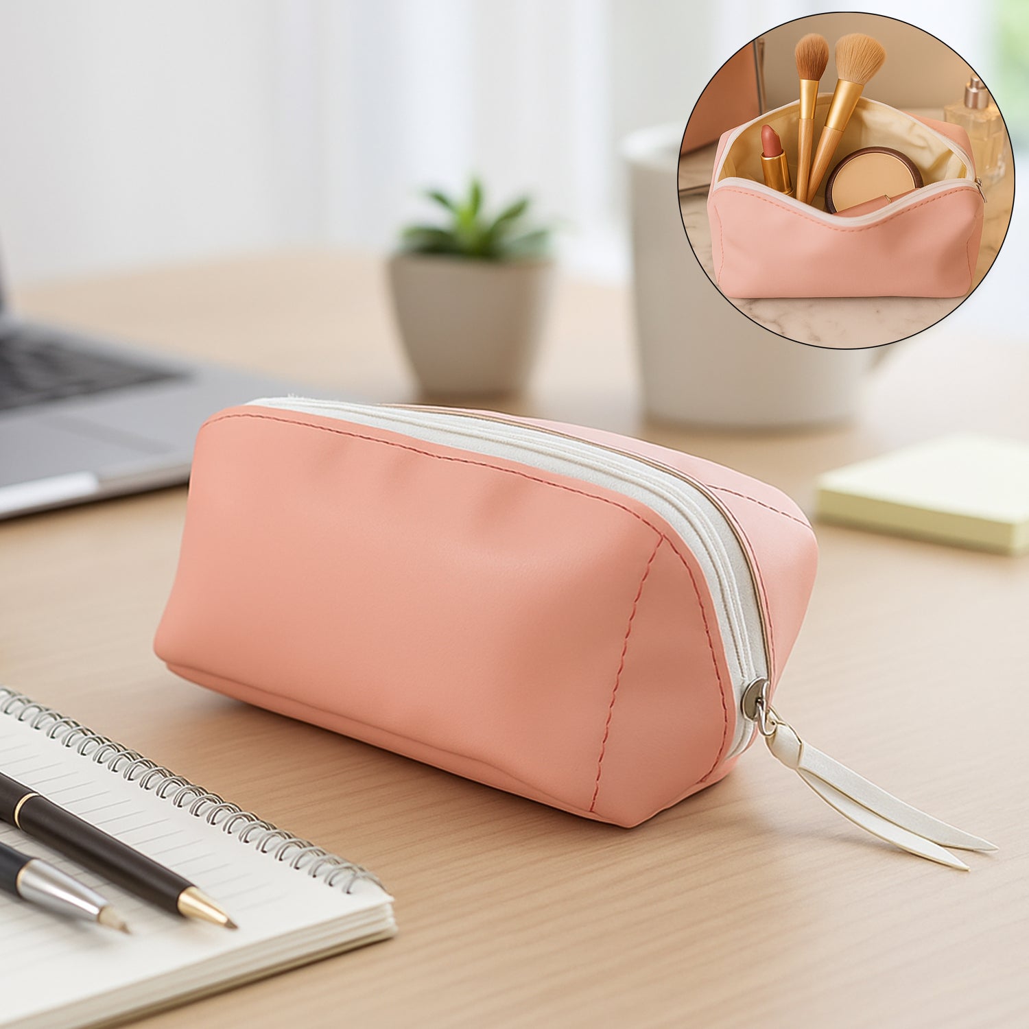 Durable PU leather cosmetic & pencil pouch with zip closure on a white background.