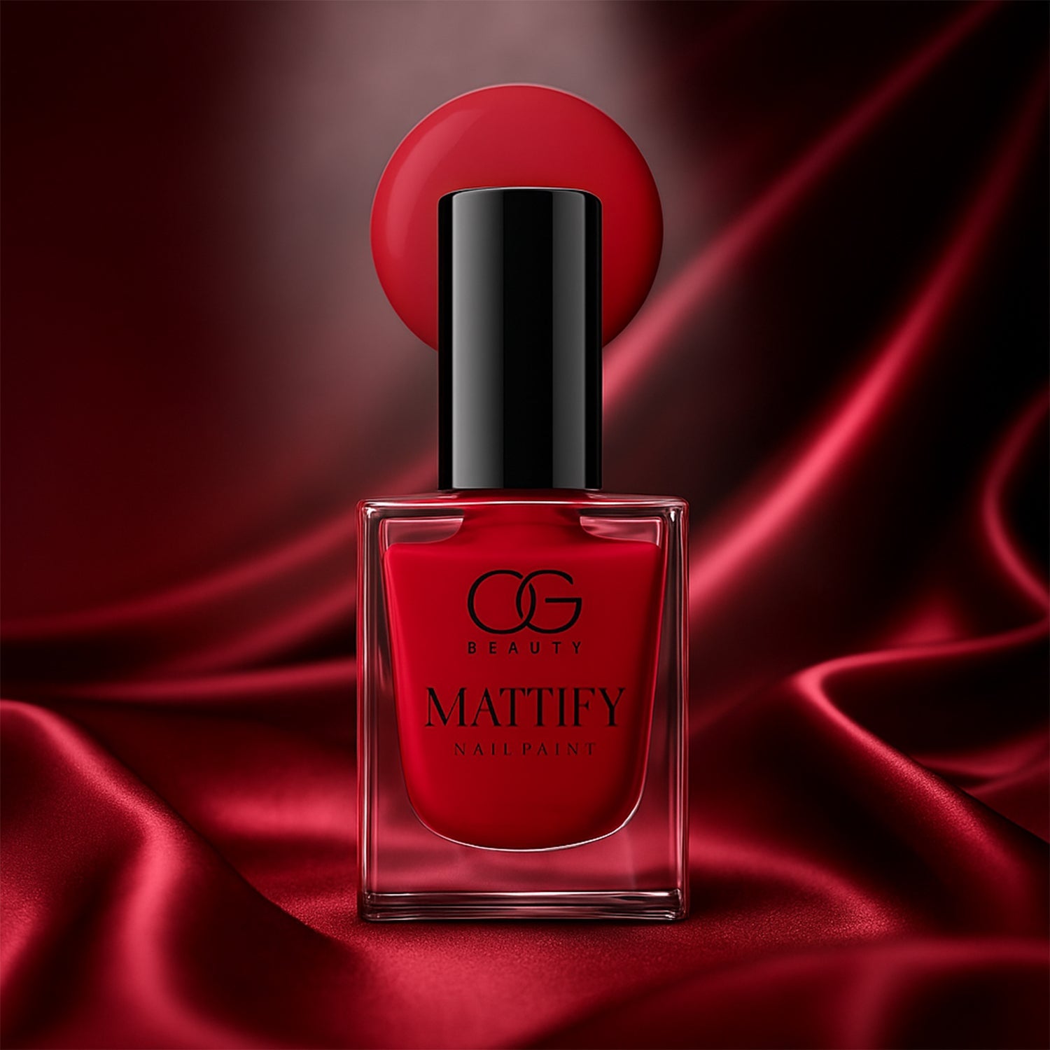 Vibrant red matte nail polish bottle with a smooth finish.