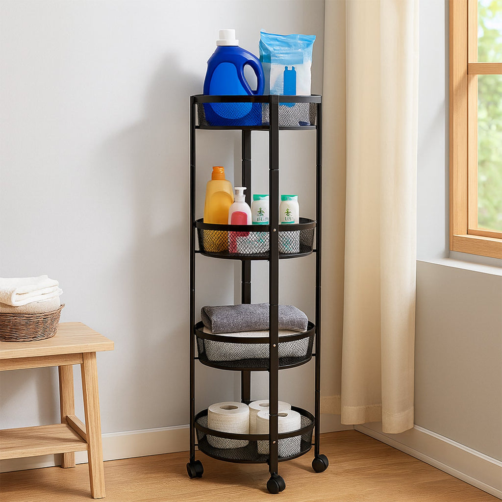 Durable black metal folding storage cart with powder-coated mesh baskets and wheels