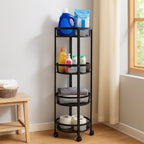 Durable black metal folding storage cart with powder-coated mesh baskets and wheels
