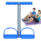 Woman performing leg and core exercises with the FitFuzion foot pedal resistance band.