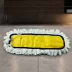 Reusable cotton mop head effectively cleaning a hardwood floor.