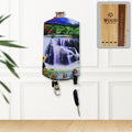 Vertical wooden wall decor with scenic art and integrated hanging hooks.