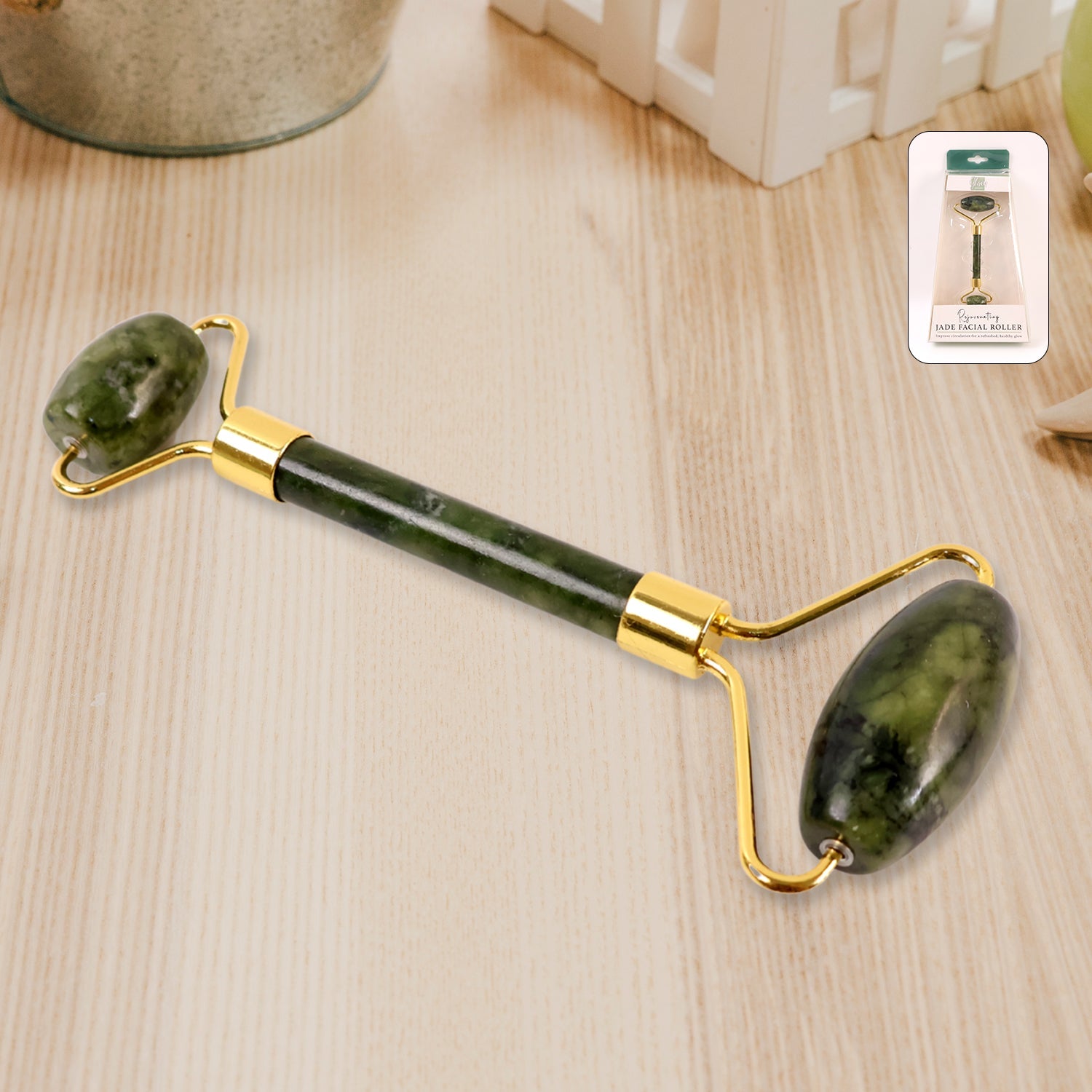 Dual-headed jade facial massage roller with green polished stones