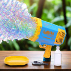 Front view of the bubble machine toy for kids actively producing a dense cloud of bubbles.