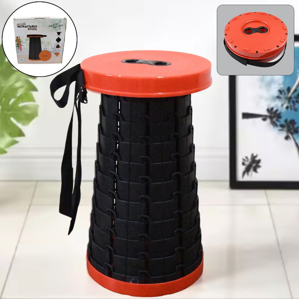 Retractable folding stool in its compact, collapsed form, showcasing its portability.