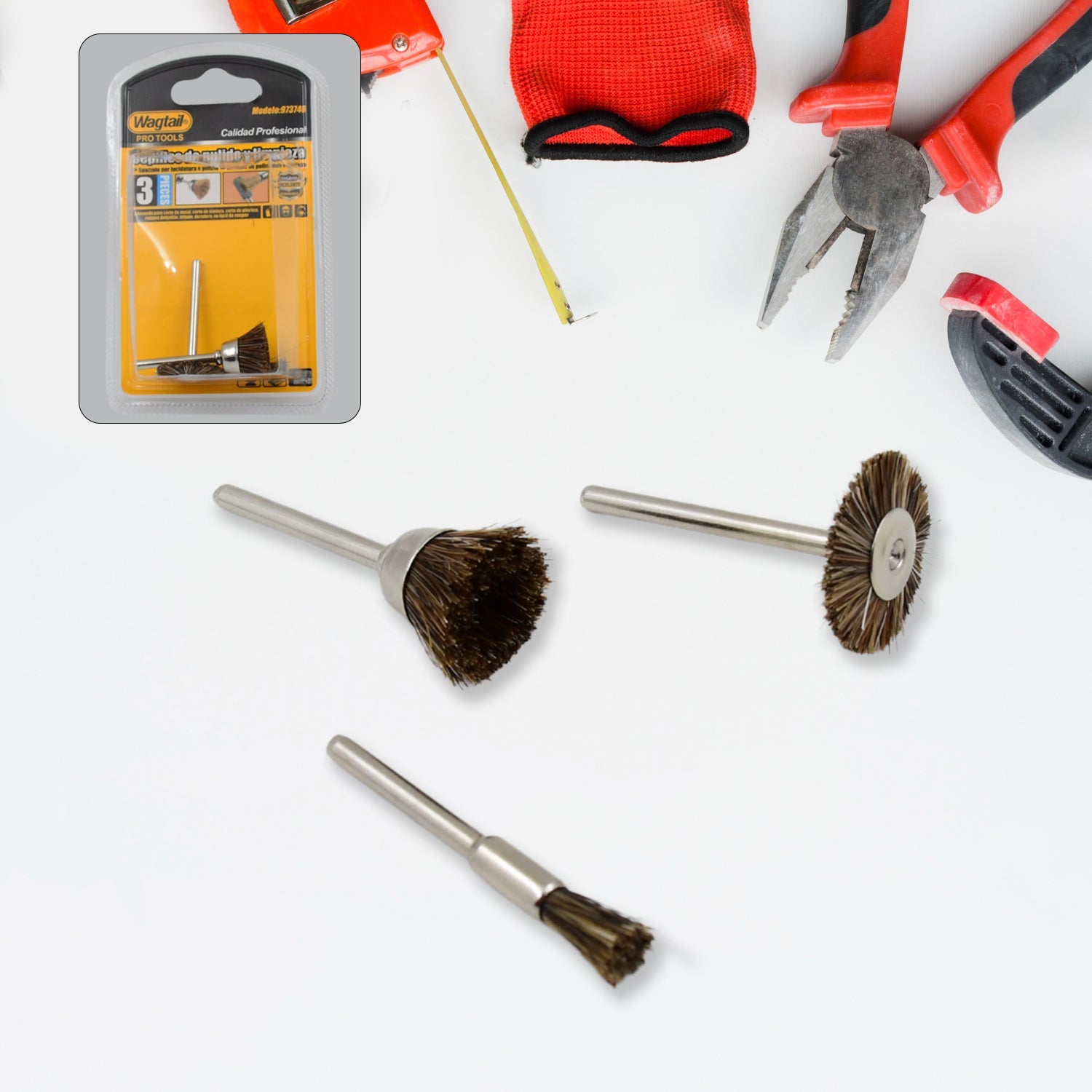 Complete set of 3 Brass Wire Wheels for rust removal and metal cleaning tasks.