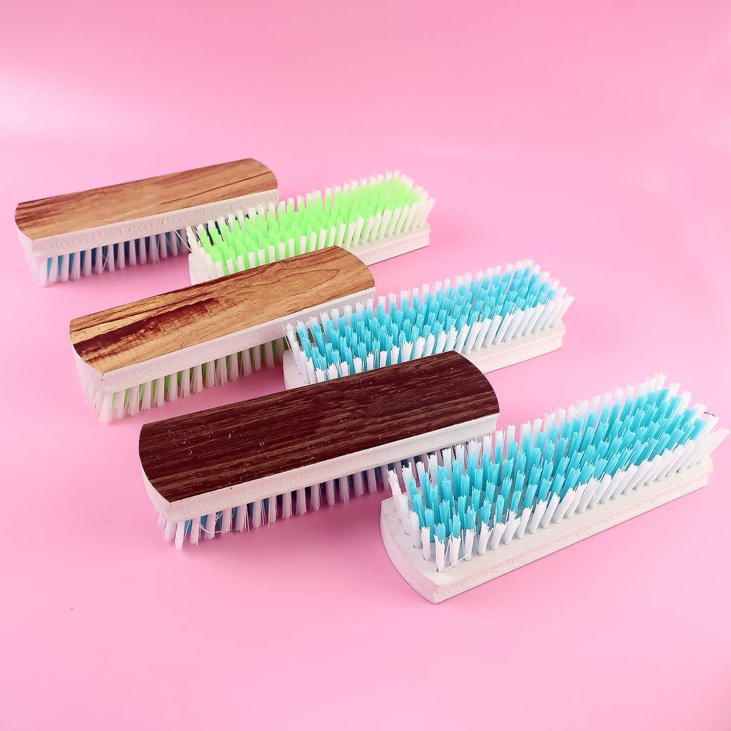 Cloth washing scrub brush set with wooden handles and multi-color bristles