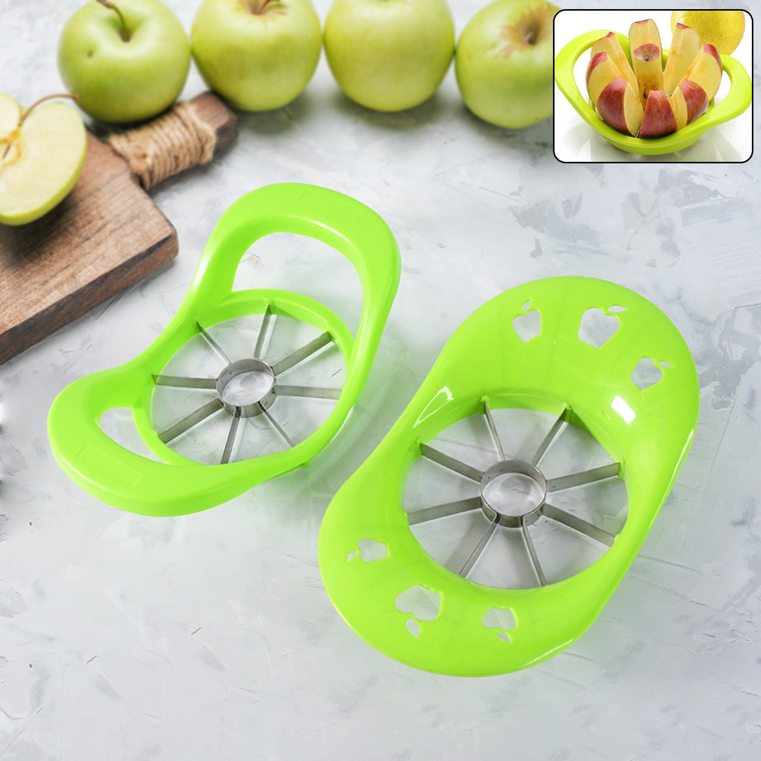 Close-up of the durable stainless steel blades of the fruit slicer.