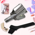 Manual nose hair clipper made of stainless steel, shown with cleaning brush and storage case.