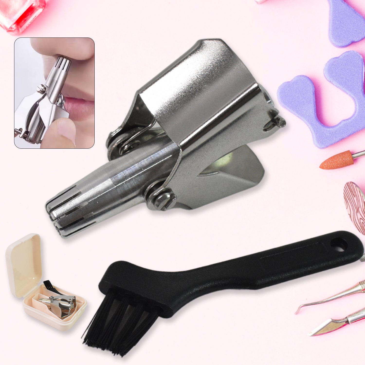 Manual nose hair clipper made of stainless steel, shown with cleaning brush and storage case.