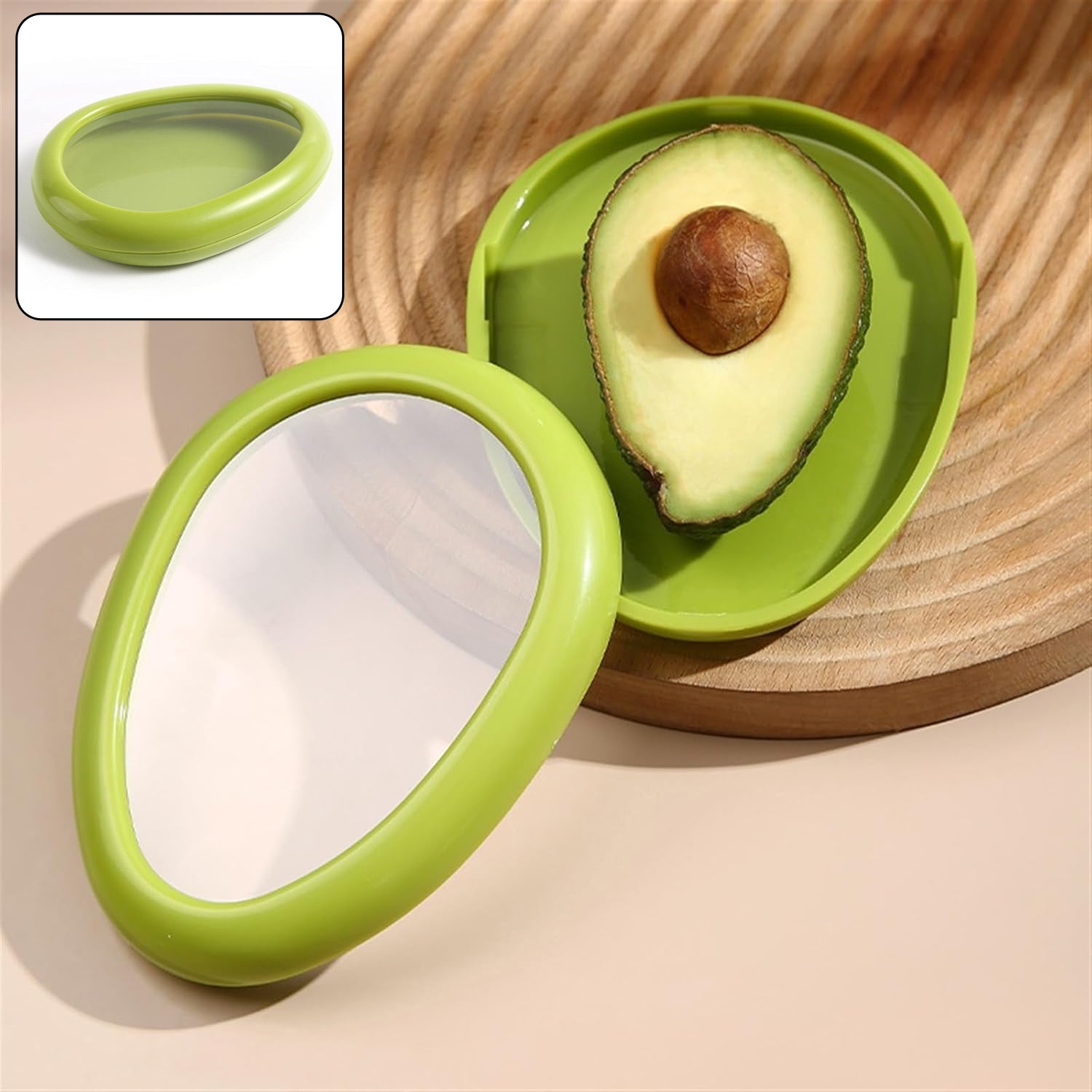 Green oval vegetable container with lid closed
