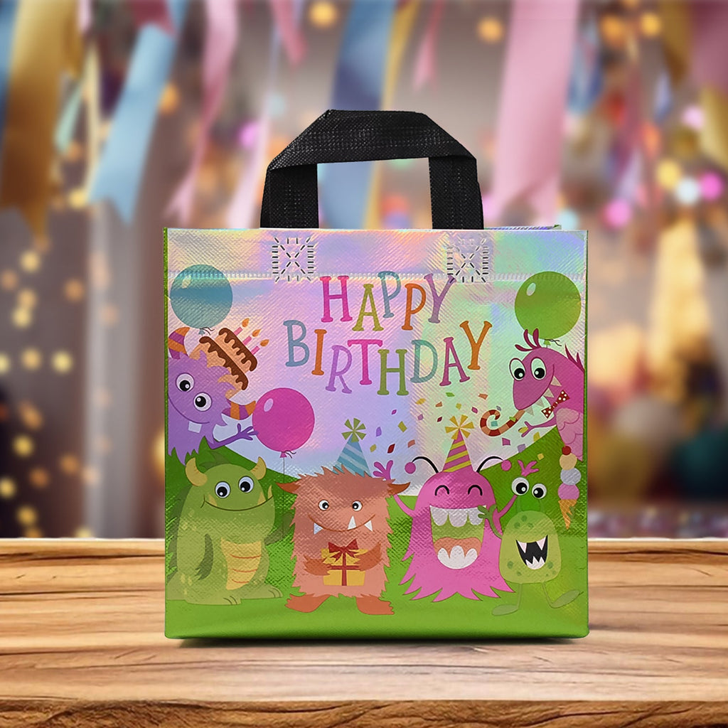 Reusable birthday gift bag featuring colorful mixed designs