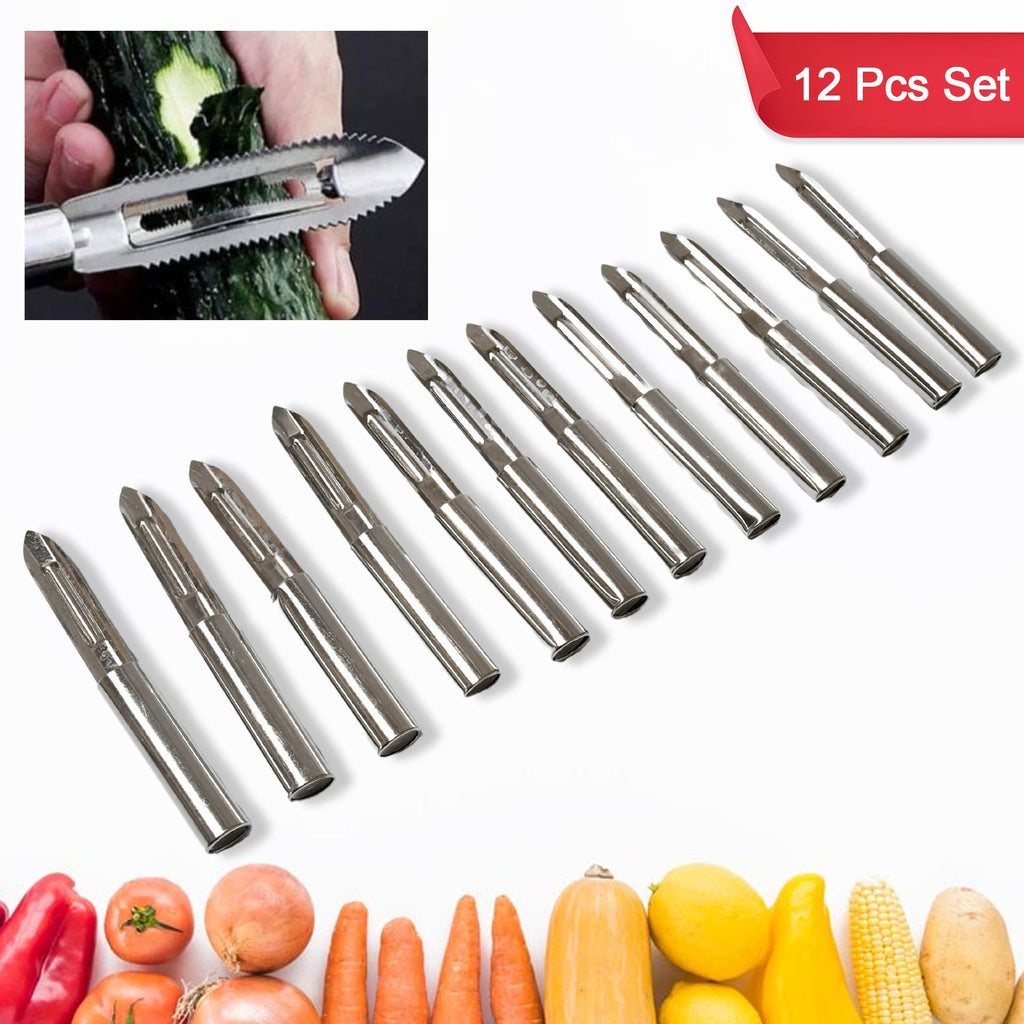 Full 12-piece stainless steel peeler set displayed on a kitchen counter, ready for use.