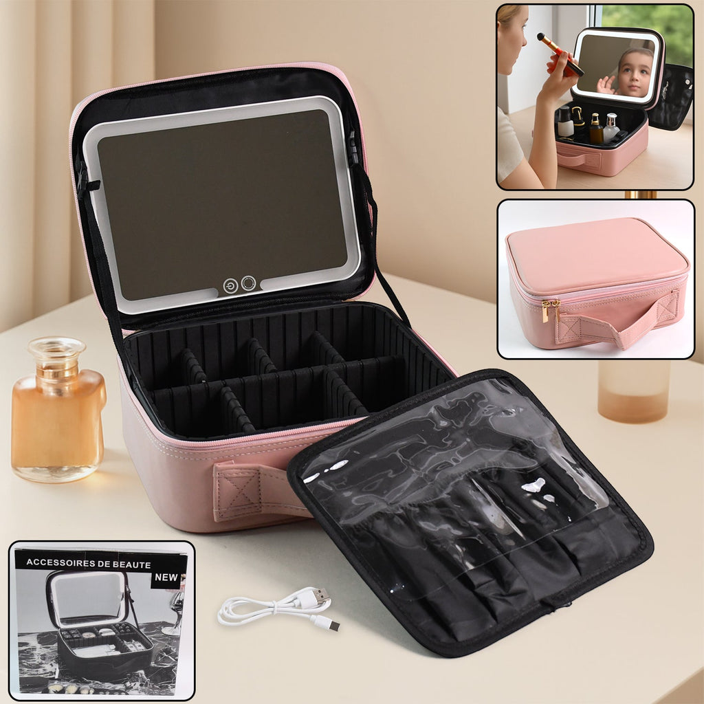 Premium LED makeup organizer box with touch sensor mirror and adjustable compartments