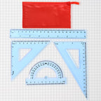 4-piece transparent geometry instrument set with ruler, protractor, and set squares