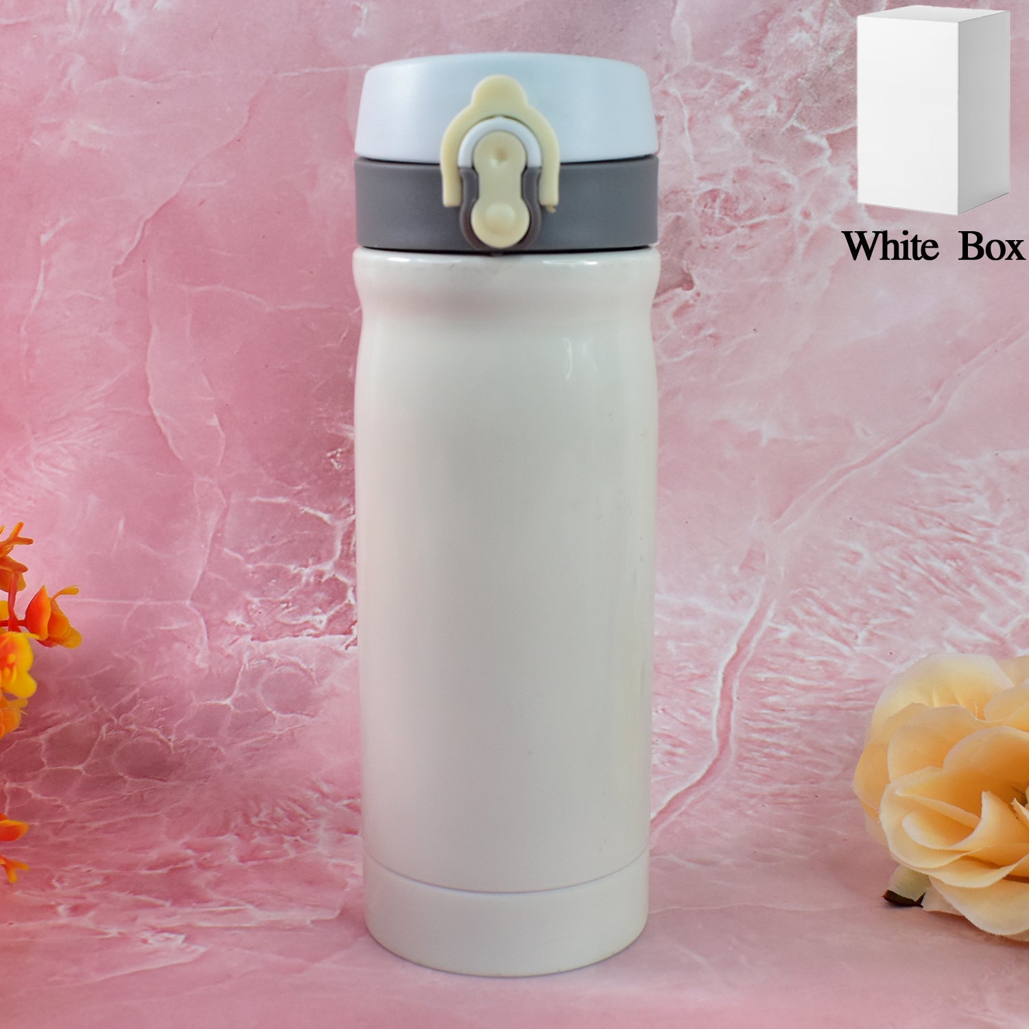 Front view of a vibrant blue Kids Insulated Water Bottle, 350ml, with a secure cap.