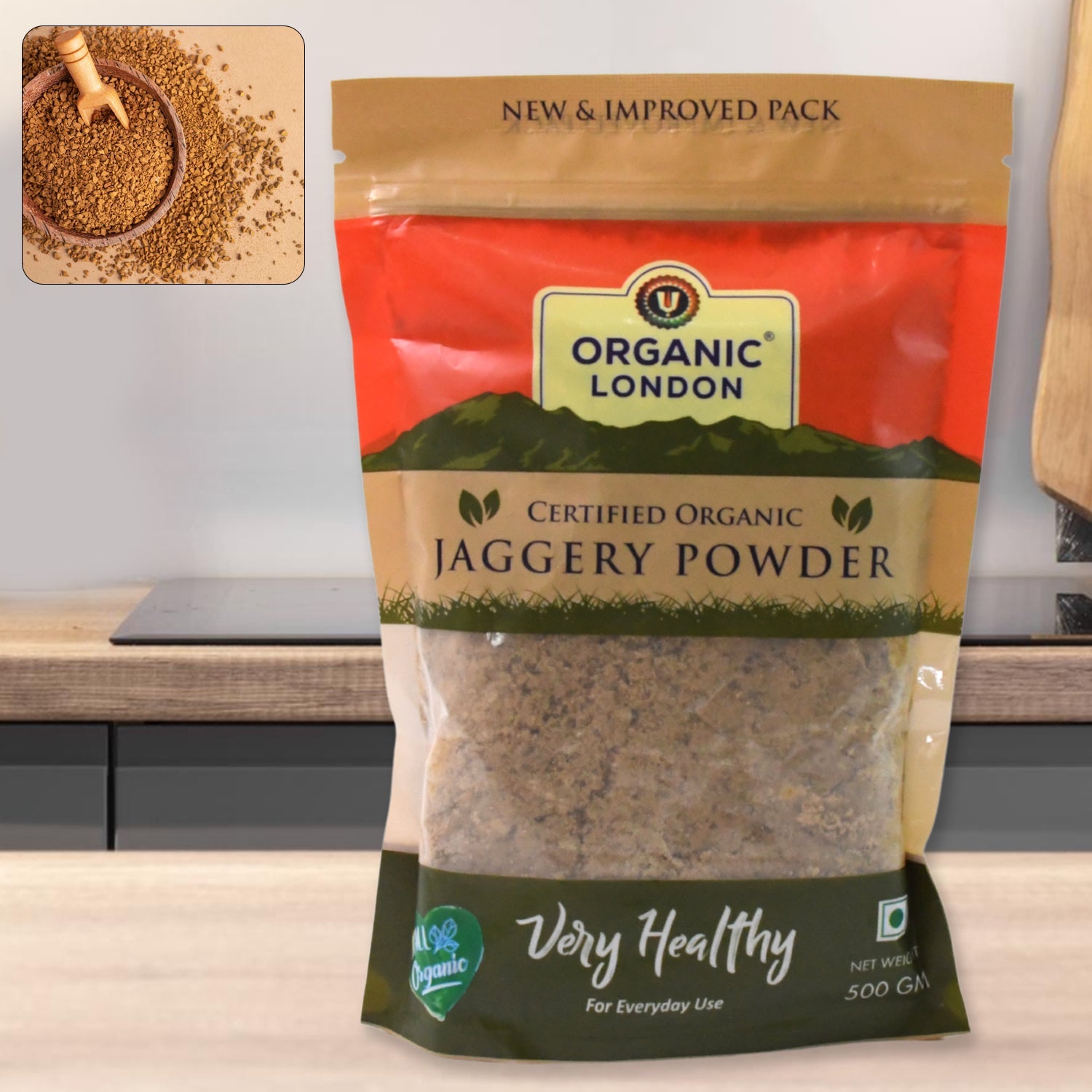 Organic jaggery powder 500g packaging with natural theme on display