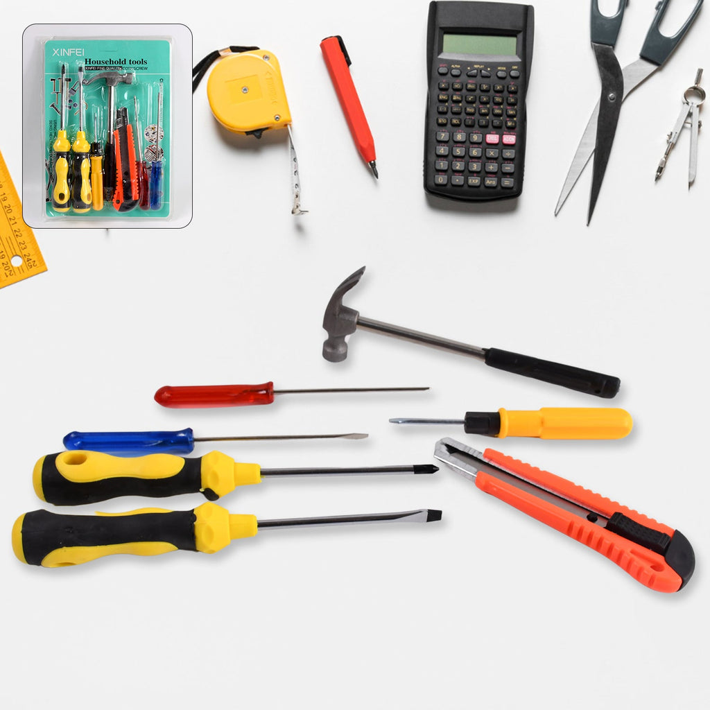 7-piece hand tool kit with magnetic wristband displaying tools and wristband
