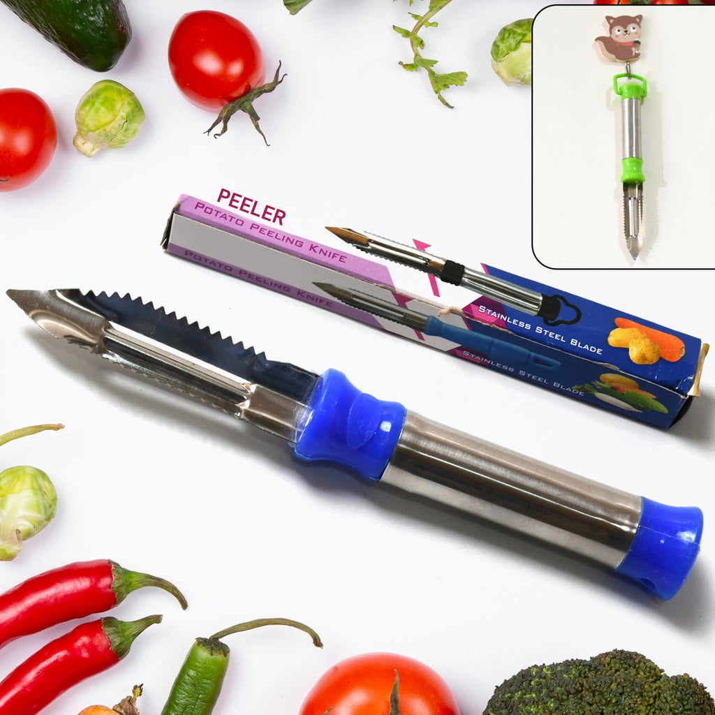 Multipurpose kitchen peeler effortlessly peeling a carrot and a potato.