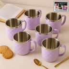 Set of six 200 ml stainless steel tea cups with diamond pattern outer design