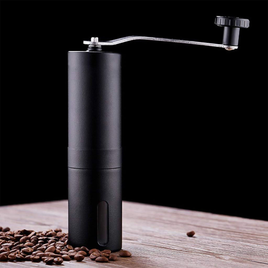 Siplix portable stainless steel manual coffee grinder standing upright.