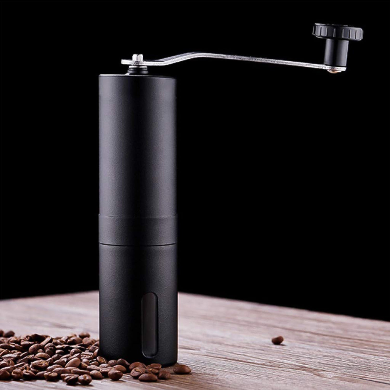 Siplix portable stainless steel manual coffee grinder standing upright.