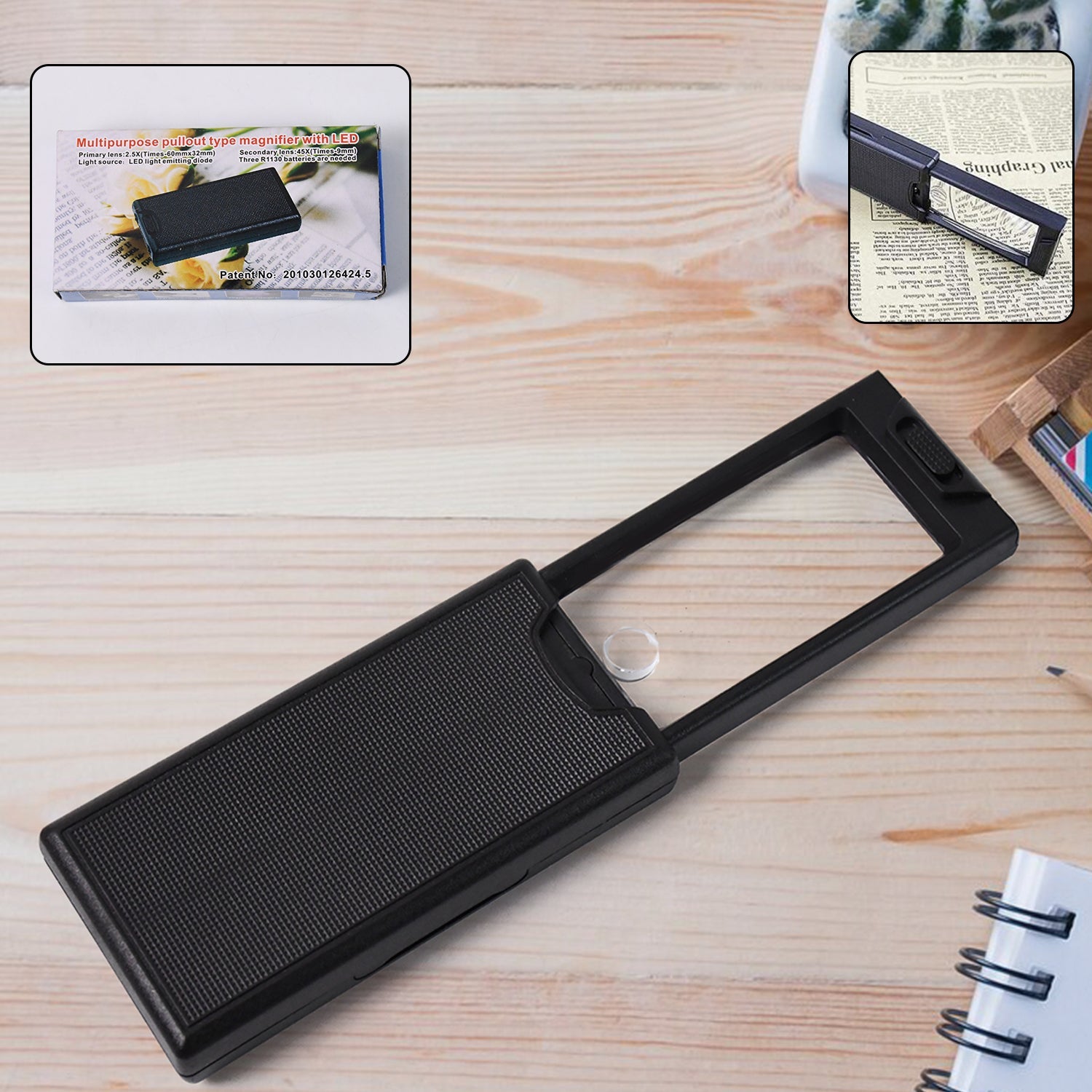 Extendable LED magnifier enhancing reading clarity with LED light