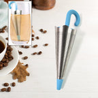 Colourful umbrella tea strainers displayed together, ready for use.