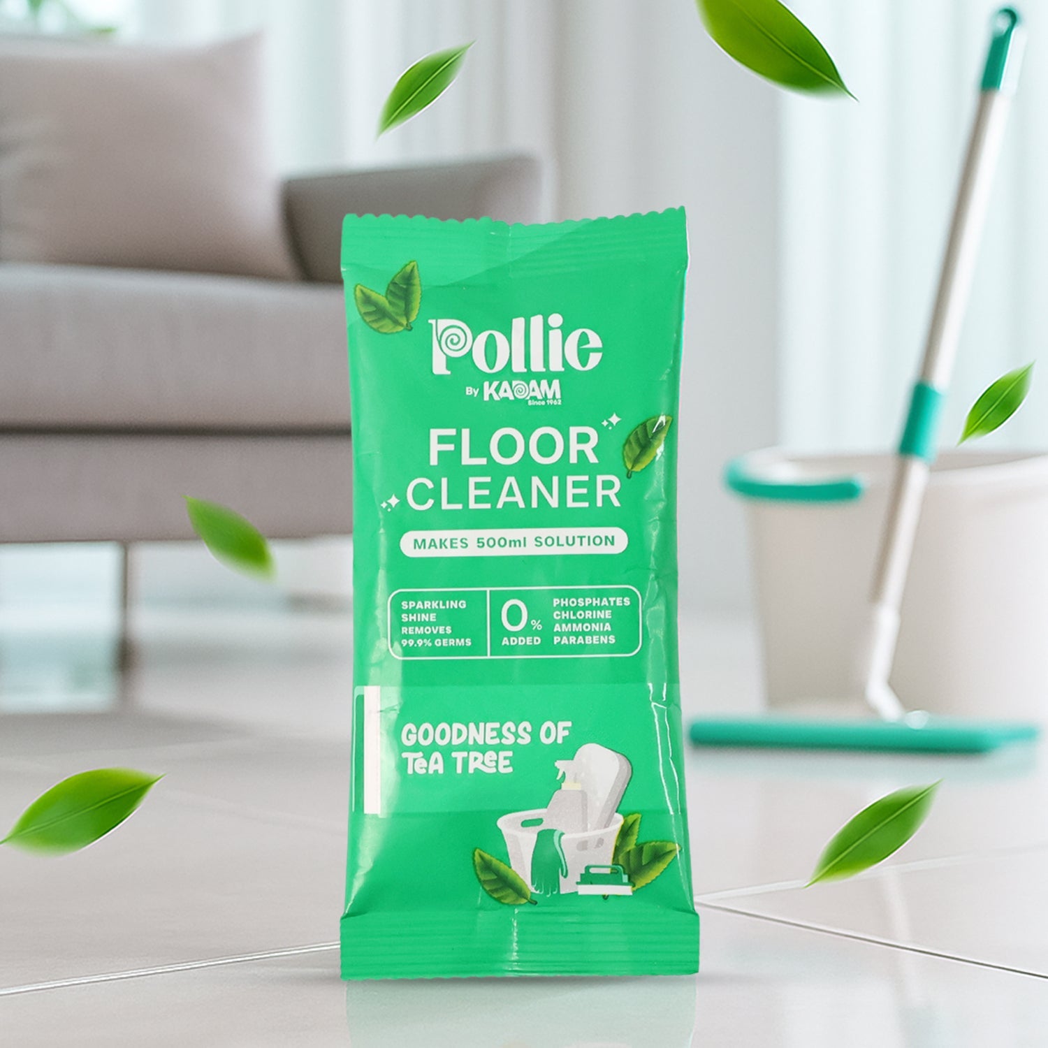 Concentrated floor cleaner sachet with refreshing tea tree fragrance