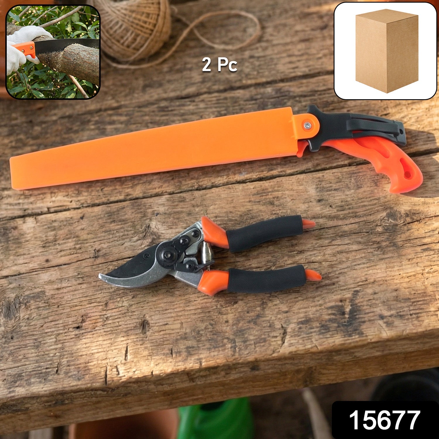 Close-up of folding hand saw included in garden pruning tool combo