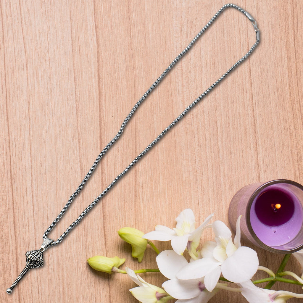 Full view of the spiritual necklace with its elegant silver chain.