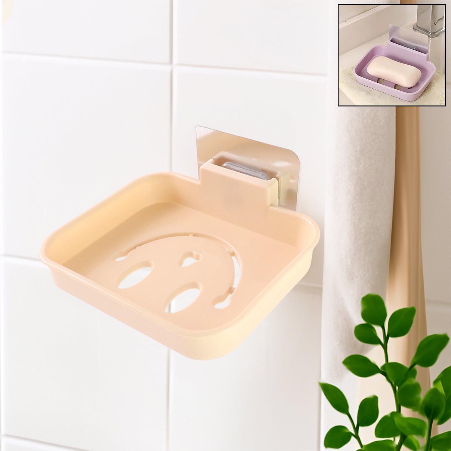Self adhesive wall mounted soap dish holder installed in bathroom corner