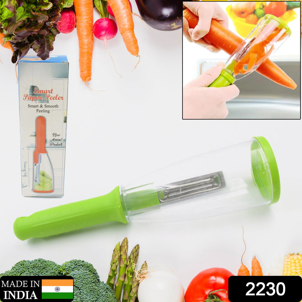 Ergonomic fruit peeler demonstrating its sharp stainless steel blade on a potato.